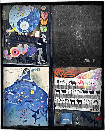 4 parties de la vitrine d'un magasin désaffecté de Clermont-Ferrand recouverte d'affiches et d'œuvres street-art