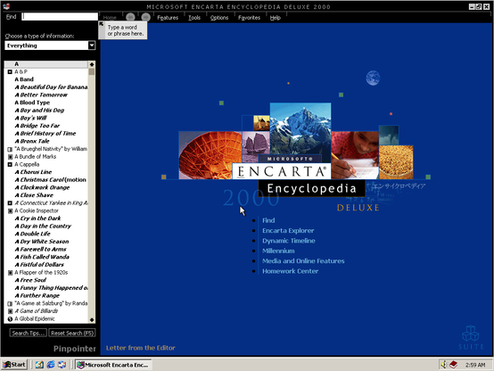 Encarta Encyclopedia Deluxe 2000 Home page.