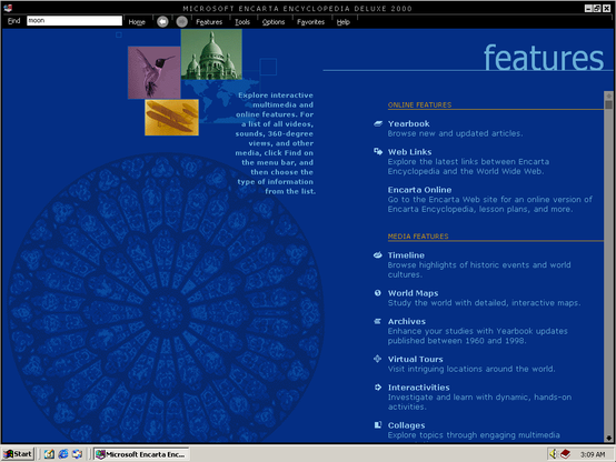 Encarta Encyclopedia Deluxe 2000 Features page.