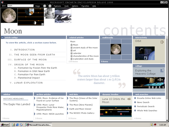 An entry for the Moon in Encarta 2000.