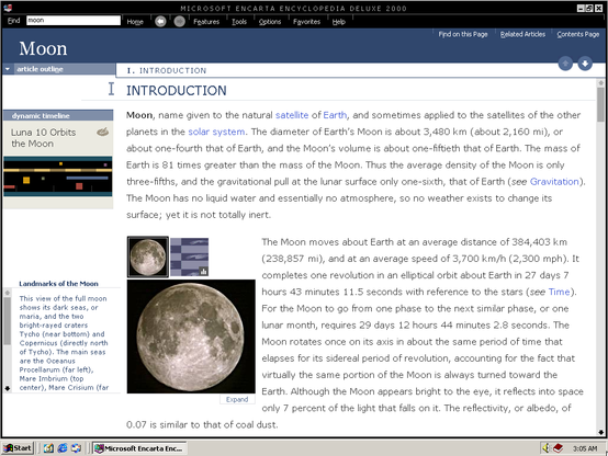 The article outline for the Moon in Encarta 2000.