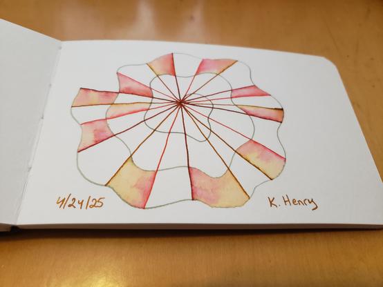 Hand drawn generative/procedural art in ink on an open page of my sketchbook. The abstract pattern has a wavy spiral with straight lines radiating out from the center.