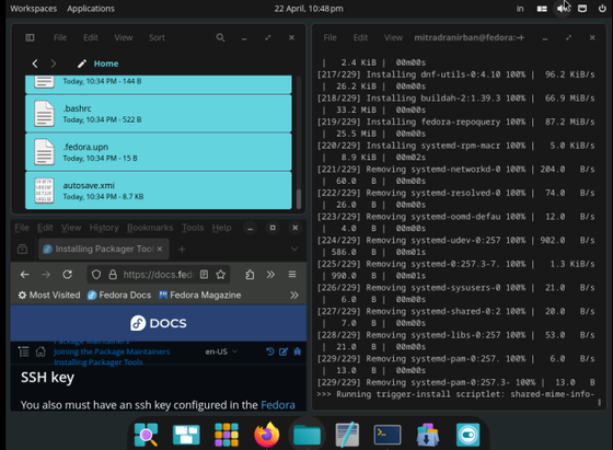 Screenshot of Fedora Cosmic Desktop showing auto tiling windows