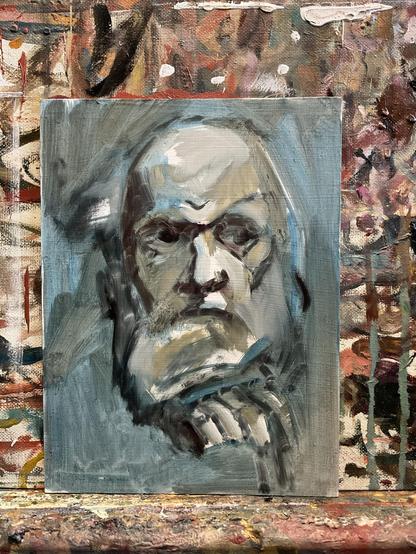 Painting on easel, showing rough sketch for placement.