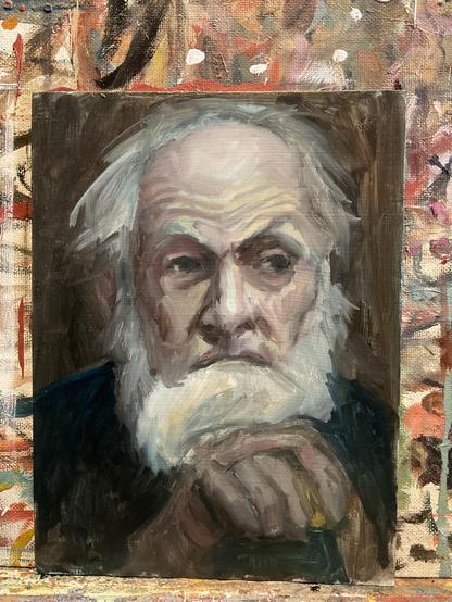 Painting on easel, showing full block in of painting. Old man, resting head on hands.