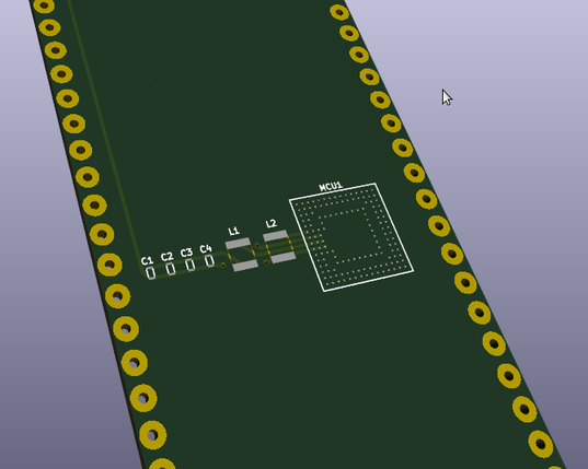 The image shows a green printed circuit board (PCB) with a 3D perspective. The PCB has a dark green color with yellow circular pads along the edges, likely for mounting the board. In the center, there is a square area labeled "MCU1," which is presumably for a microcontroller. Surrounding this area are several smaller pads labeled "C1," "C2," "C3," and "C4," which are likely for capacitors. Additionally, there are two sets of parallel pads labeled "L1" and "L2," which could be for inductors or other components. The image also includes a cursor, indicating that this might be a design or simulation software interface. The background is a gradient of light gray, providing contrast to the PCB.