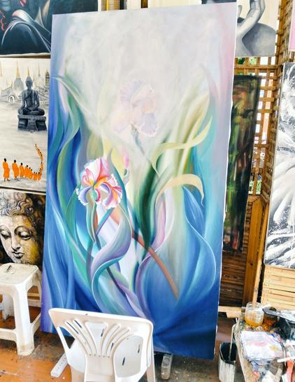 a painting of a cluster of orchids rising up from the ground, only partially finished