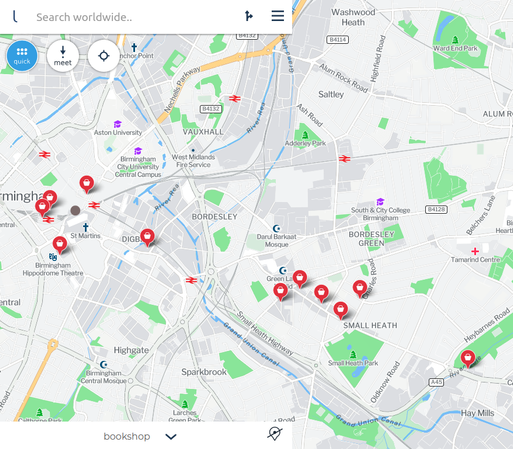 Map of Birmingham showing non-corporate bookstores.