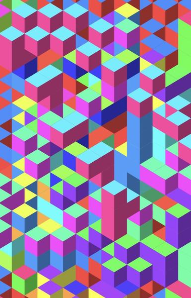 A brightly-coloured tessellated cube pattern.