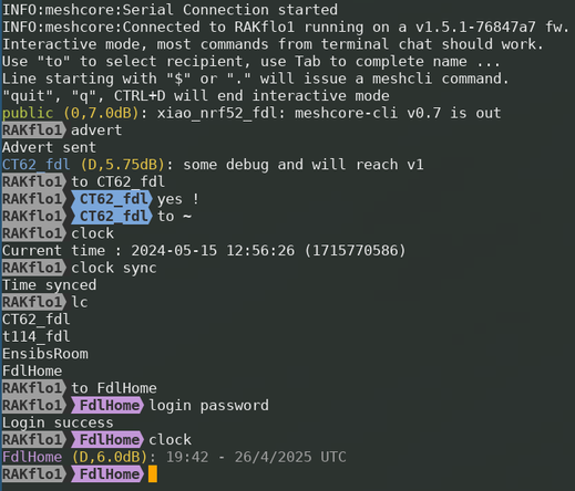 some meshcore-cli session, showing incoming and outgoing messages as well as commands sent to node and remote repeater