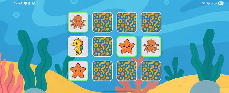 A screenshot from a phone showing a game screen of the Memory game with a sea theme, there are 5 pictures turned over, 3 of which are distinct (octopus, sea horse, starfish).

All pictures are in a cute cartoony style suitable for kids.