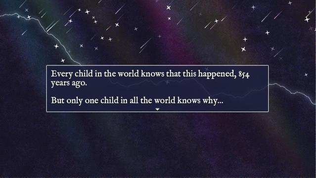 RPG screenshot: narrator text against a background of a meteor shower and aurora: Every child in the world knows that this happened, 854 years ago. But only one child in all the world knows why...