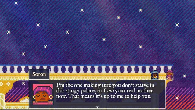 screenshot: Soron and Izael on the roof of the Highest Palace. Soron says: I'm the one making sure you don't starve in this stingy palace, so I *am* your real mother now. That means it's up to me to help you.
