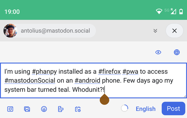 Screenshot of Phanpy's toot composer UI, with the teal colored Android system bar visible above the app.
