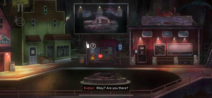 Screen capture from a the Oxenfree II: the main square of a small town at night, with a female character at a bus stop.