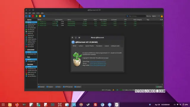 Screenshot of qBittorrent 5.1 showing the main window while downloading torrents and the About qBittorrent dialog.