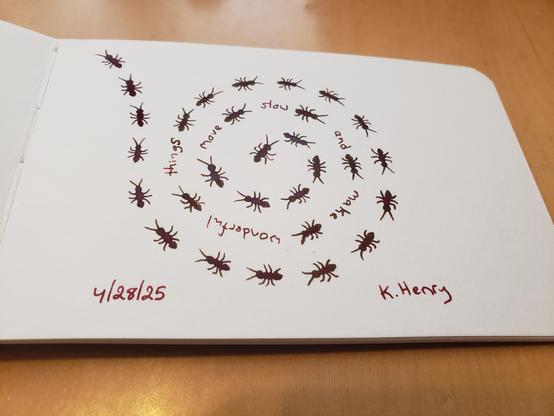 Hand drawn generative/procedural art in ink on an open page of my sketchbook. The abstract pattern looks like a bunch of ants walking in a spiral pattern. There are words between some of the ants, and they read "slow down and make wonderful things."