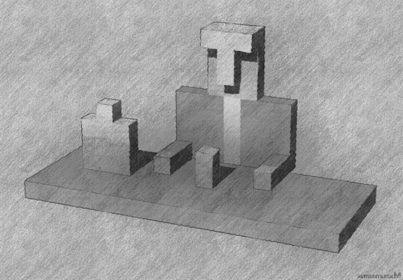 A moody scene in a semi-abstract voxel style, showing a depressed man sitting at a table or bar, with a bottle of liquor next to him, and a glass in front of him.