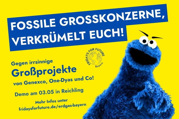 Sharepic zur Demo am 3.5. in Reichling: "Fossile Großkonzerne verkrümelt euch!" sagt das Krümelmonster.