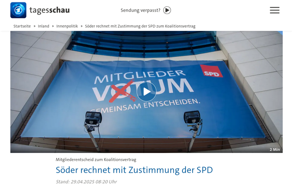Screenshot von https://www.tagesschau.de/inland/innenpolitik/regierungsbildung-abstimmung-koalition-100.html, mit einem blauen Plakat mit der Aufschrift: Mitglieder-Votum SPD