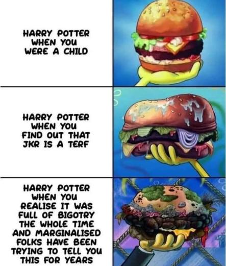 Harry Potter when you were a child: [picture of a fresh burger]

Harry Potter when you find out that JKR is a TERF: [Picture of an old burger that looks like it was made the day before yesterday]

Harry Potter when you realise it was full of bigotry the whole time and marginalised folks have been trying to tell you this for years: [Picture of a properly rotten, molded burger]