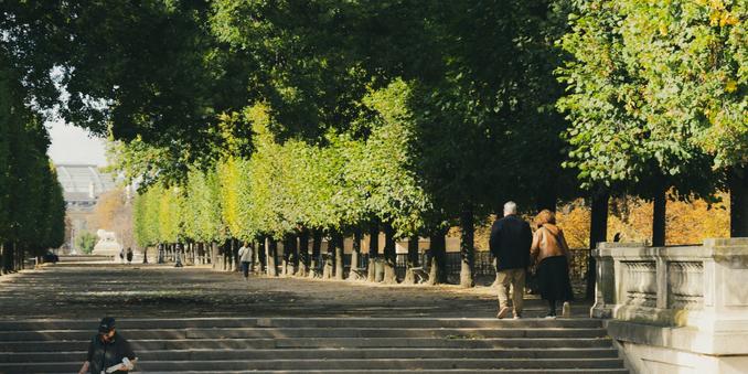 The image shows a tree-lined pathway, possibly in a park or garden. There are people walking along the path, including a couple walking together on the right side. The pathway has steps, and the trees provide a canopy of shade. The scene appears peaceful and the lighting suggests it might be daytime.