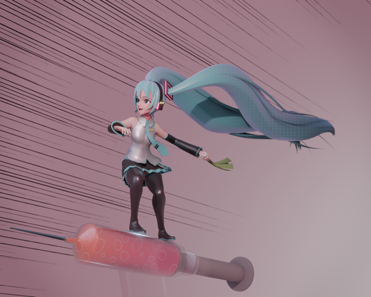 Fanart d'Hatsune Miku en 3D. Elle est debout en train de surfer sur une seringue, elle a un  poireau dans la main, c'est une inspiration du clip de "Magical Cure Love Shot" et une référence à Daicon IV.