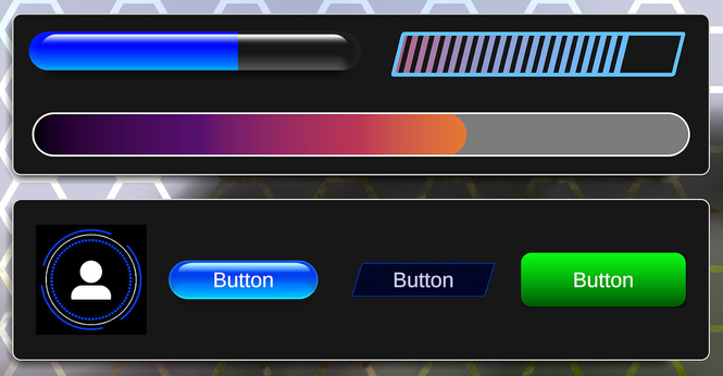 une collection d'éléments d'interface (barre de chargement, profil, bouton, avec des identités graphiques très différentes, assez glossy