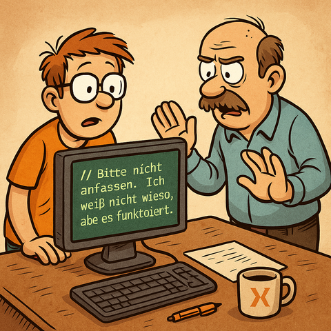 Auf einem Bildschirm steht ein Code-Kommentar: "// Bitte nicht anfassen. Ich weiss nicht wieso, aber es funktioniert."
