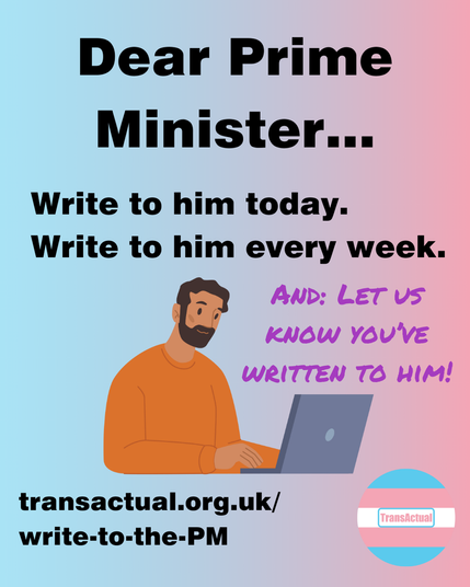Dear Prime Minister...Write to him today. Write to him every week. And: let us know you've written to him. transactual.org.uk/write-to-the-PM. Illustration of a person working at their laptop.