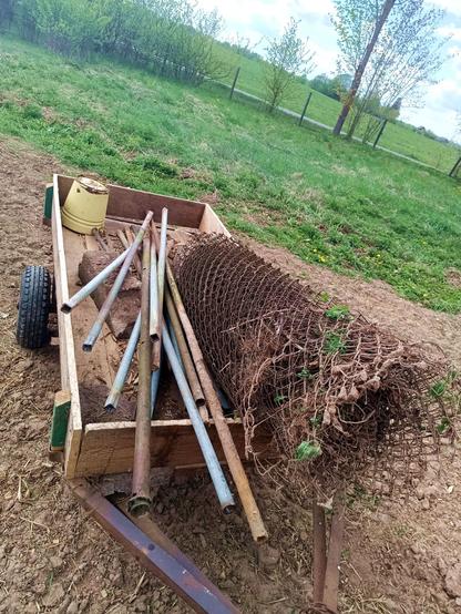 Trailer loaded with the fence harvest. A large roll of rusty chain link fence and posts. A bucket and a chunk of concrete are also in there. The trailer is backed into the garden, which is now possible for the first time.