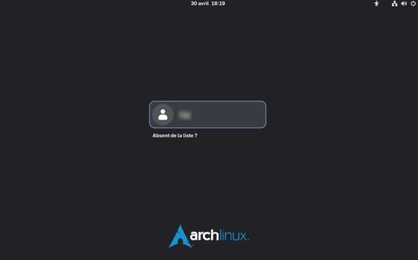 Capture d'écran  de l'interface de connexion de Gnome sous Archlinux