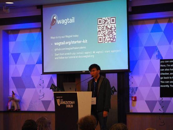 Sage in front of the "Ways to try out Wagtail today" slides