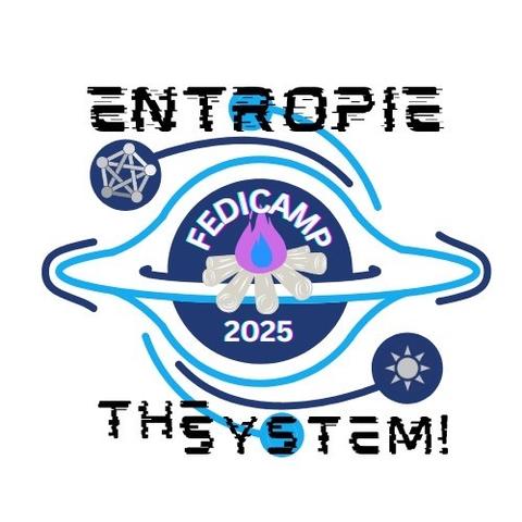 FediCamp 2025 logo: Entropie-The system! Lines and whirls around the camp fire Clipart. Fediverse logo and Wendland emblem (a sun).