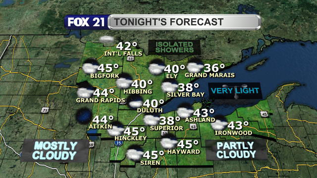 Clouds will continue to increase slowly across the Northland Wednesday night ahead of a storm system.  A few showers could pass over the Rainy River Basin.  Winds will be very light with low temperatures in the upper 30s and low 40s.