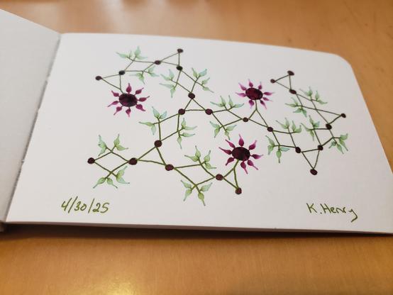 Hand drawn generative/procedural art in ink on an open page of my sketchbook. The abstract pattern is made of triangles, circles, and diamond shapes. These have more organic shapes, leaves and petals, coming out from the points. Difficult to describe.