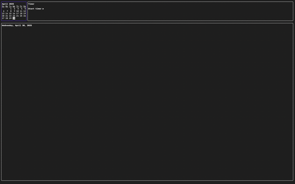 A terminal user interface with three panes. The left pane displays a calendar, the right pane has a timer button to start, and the bottom pane lists items in a fullscreen terminal window with a lot of whitespace because the content is charged to the left