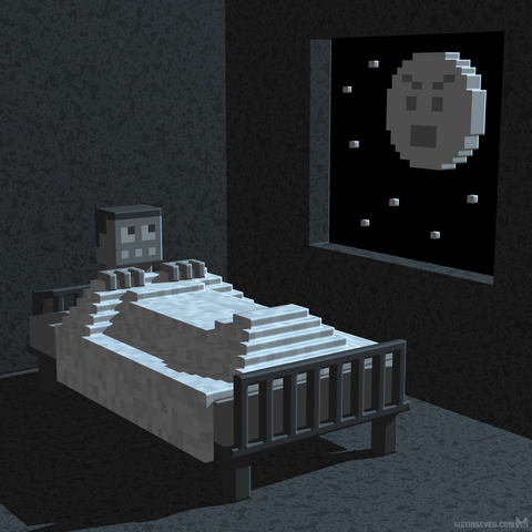 Voxel-style 3D artwork, showing a person in bed at night, anxiously looking at a moon with an angry face outside the bedroom window.