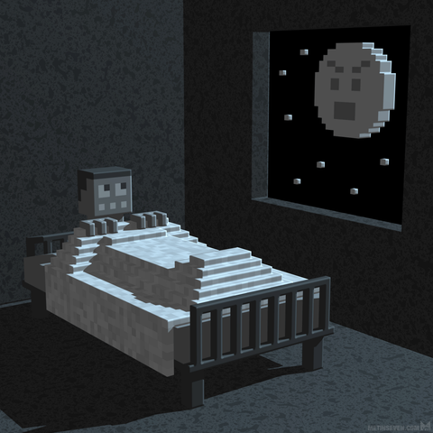 Voxel-style 3D artwork, showing a person in bed at night, anxiously looking at a moon with an angry face outside the bedroom window.