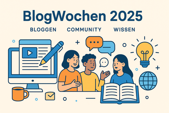 Ein modernes Bild mit dem Titel "BlogWochen 2025" und den Themen Bloggen, Community und WIssen mit entsprechender Illustration dazu.