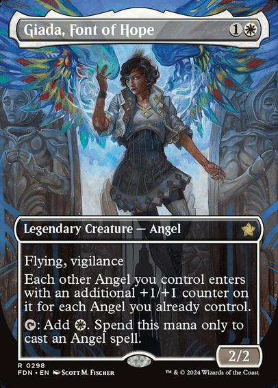 Card Name: Giada, Font of Hope
Set: Foundations
Description: Flying, vigilance
Each other Angel you control enters with an additional +1/+1 counter on it for each Angel you already control.
{T}: Add {W}. Spend this mana only to cast an Angel spell.
Artist: Scott M. Fischer