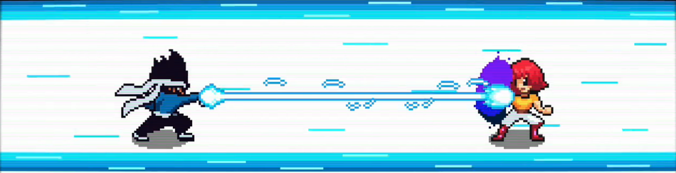 A screenshot of Leo firing an energy beam at Viola