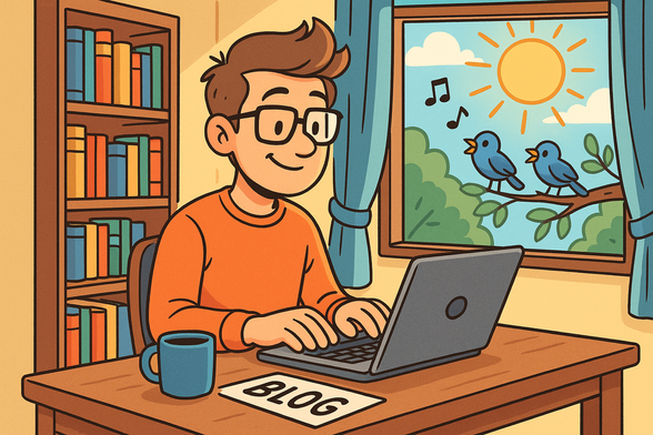 KI-generiertes Bild zum Artikel Warum blogge ich? Ein Mann mit einer Brille tippt auf einem Notebook. Links steht ein Bücherregal. Rechts von ihm ist ein Fenster, durch das die Sonne strahl. Es ist ein zwitschernder Vogel zu sehen. Neben dem Mann steht eine Tasse. Es ist ein Zettel mit der Aufschrift Blog zu sehen.