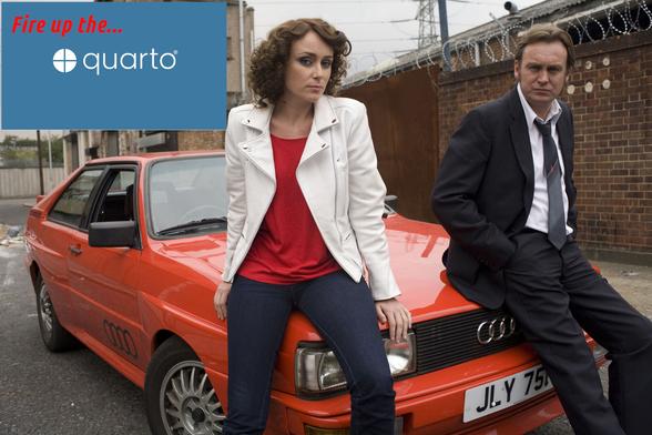 Promo photo from the TV show Ashes to Ashes showing DI Alex Drake (Keeley Hawes) and the Gene Genie (Philip Glenister) sat on the bonnet of a red Audi. In the corner of the photo is the quarto logo and written on top "fire up the...".