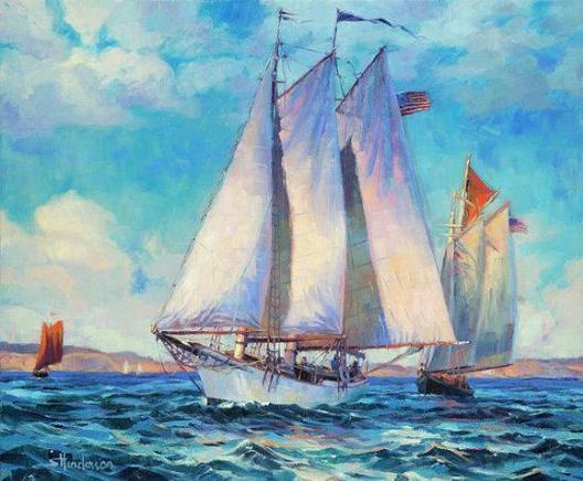 Art print of an original oil painting depicting a sailboat on a sunny day.