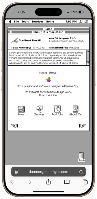 Classic Mac OS System 7 and HyperCard UI for my website. Working menus and modals.