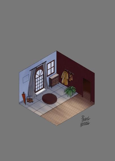 Une vue isométrique sur une entrée de maison. Il y a un grand tapis rond et rouge devant la porte d'entrée, une commode à droite de la porte, des patères avec un petit manteau jaune et une écharpe orange. A gauche de la porte, il y a un parapluie et une paire de bottes marron. La pièce est peu éclairée avec une lumière droite qui vient des fenêtres, et un peu de lumière jaune qui vient de l'intérieur