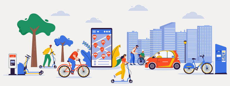 A collage illustration shows people of all ages and ethnicities using shared mobility services, including e-scooters, bicycles and rideshares.