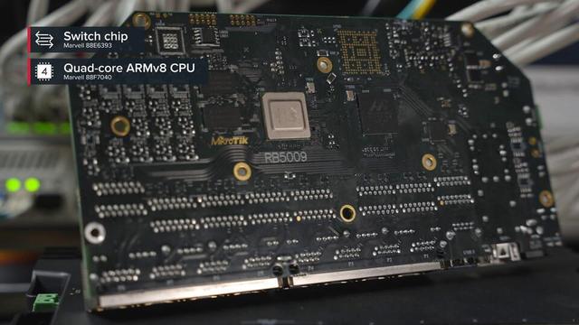 Diagnonal view of the PCB for a Mikrotik RB5009 router