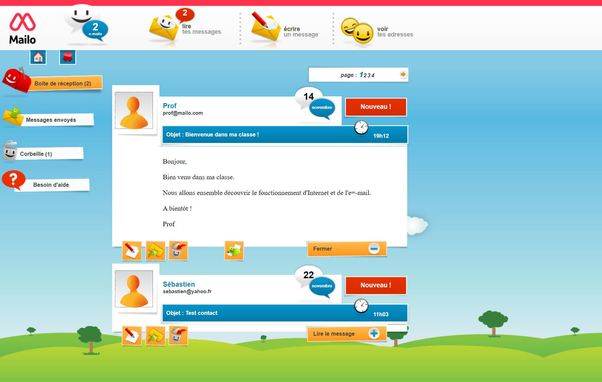 The Mailo mini interface full of cute icons. It's easy to use and is designed to be child-friendly. It shows an open message with the sender's name, title and body, and the icons surrounding it represent common e-mail features (send, transfer, write, etc.). the background is a blue sky and below there is a green area with trees
